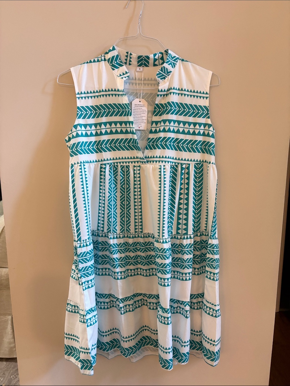 Sleeveless White Dress with Teal Geometric Print